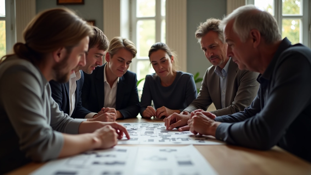 Adults aged 40-60 fully clothed in casual settings, engaged in concentration while solving puzzle or riddle competition