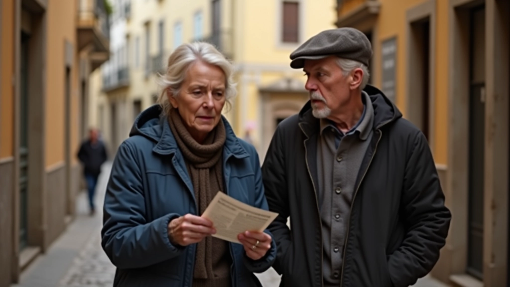 Adults aged 45-60 fully clothed, outdoors in Portuguese location, engaged in adventure game with clue-solving activities