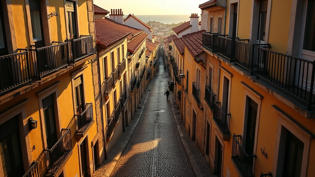 Historic Portuguese town square with narrow streets, ancient stone buildings, and natural afternoon lighting creating shadows for hidden clue placement