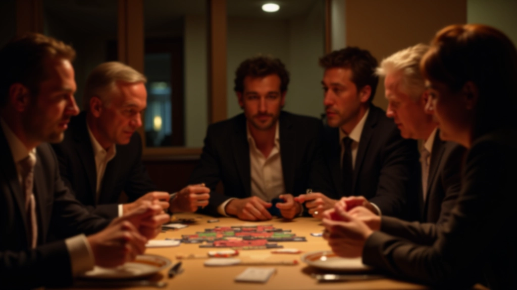 Adults engaged in an interactive mystery game session with clues and strategic gameplay