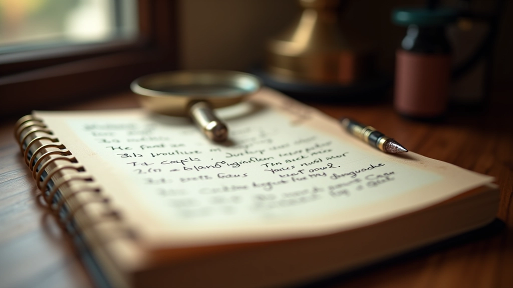 Open detective notebook with handwritten clues, evidence cards, and investigation notes spread across wooden table