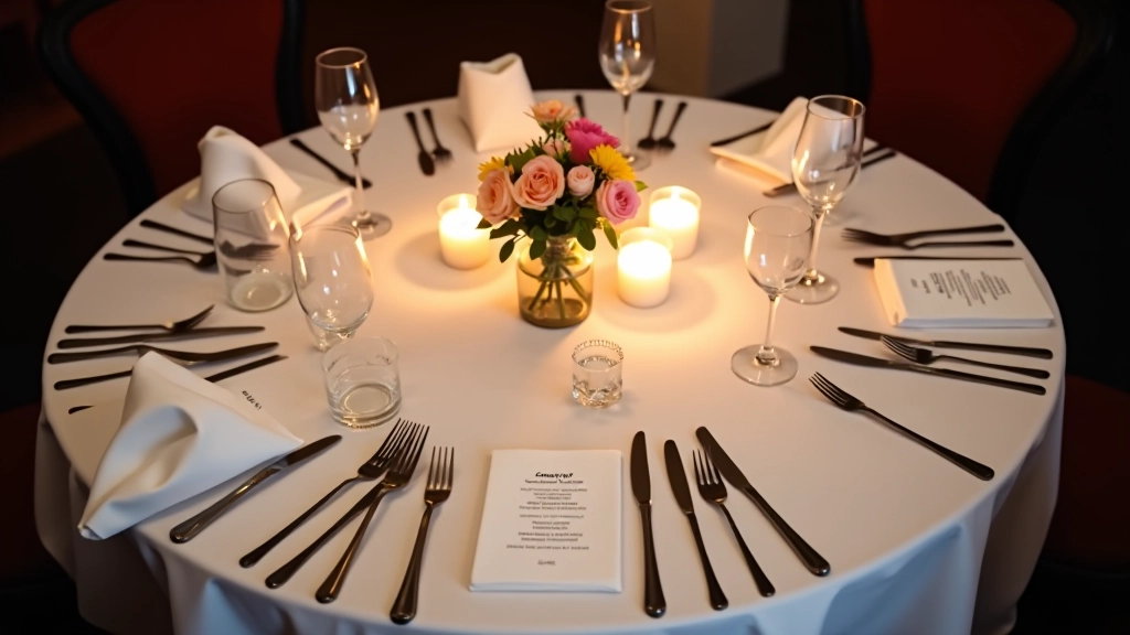 Overhead view of dinner table setup with name cards, character briefing papers, coded message keys, and elegant table decorations